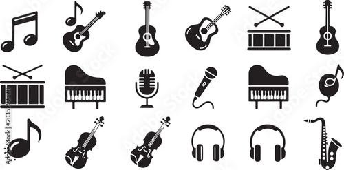 Cuadro en lienzo Music icons, black silhouette instruments, 20 music symbols, audio equipment iso