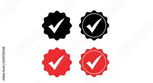 A striking collection of four decorative badges or emblems, two in deep black and two in vibrant red, each featuring a symmetrical star with a central white cross