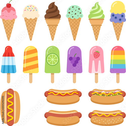 Summer Food Flat Vector Clipart Set with Ice Cream and Hot Dog Vector Illustration