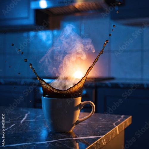 Dynamic Hot Coffee Splash in White Ceramic Mug on Marble Countertop, Morning Caffeine Energy Concept for Flexible Layout and Social Media Ad