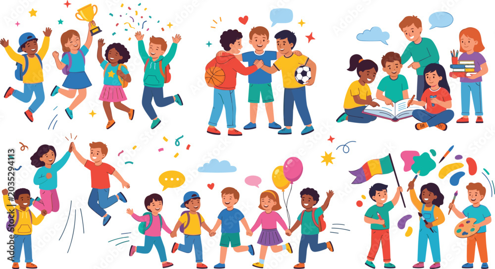 Fototapeta premium Happy Kids School Friends Cartoon Character Vector Set with Cute Children Celebrating, Studying, Playing Sports, Painting, and Holding Hands Graphic Elements