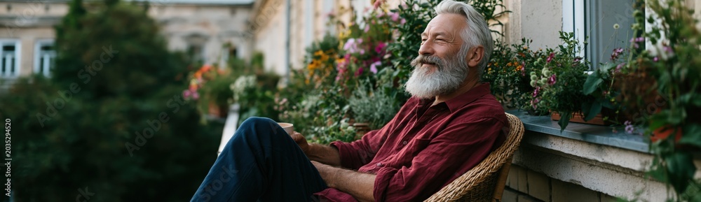 Fototapeta premium Elderly man sitting on balcony among flowering plants for relaxed outdoor background and retirement lifestyle design