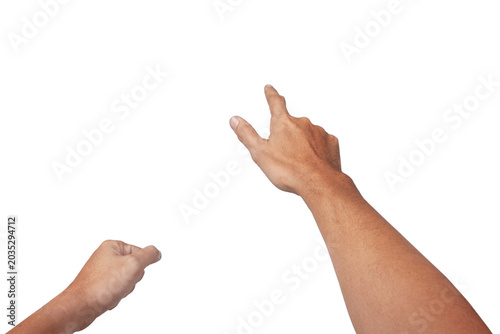 Male asian hand gestures isolated over the white background.  shooting pose. First person view.