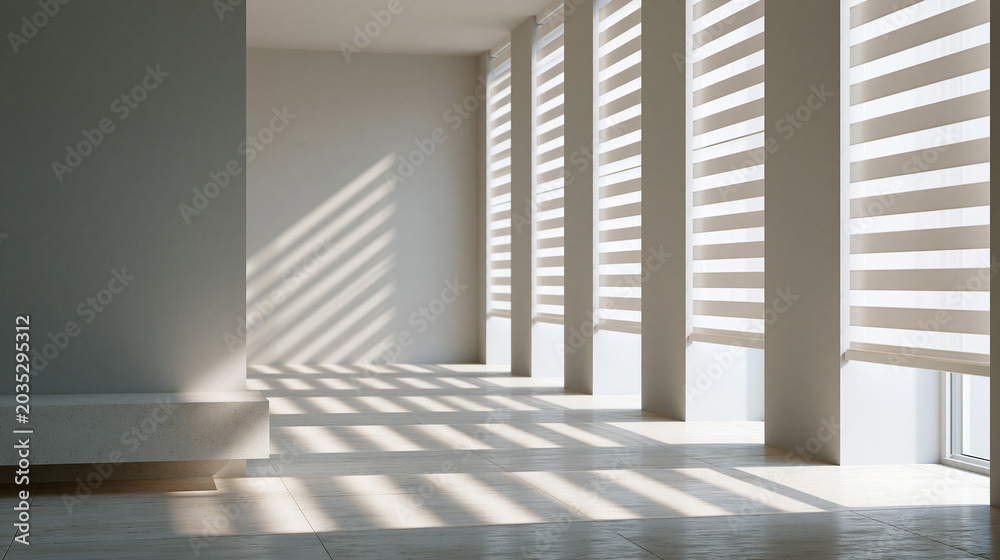 Fototapeta premium Bright modern room interior with sunlight shining through zebra window blinds onto the floor