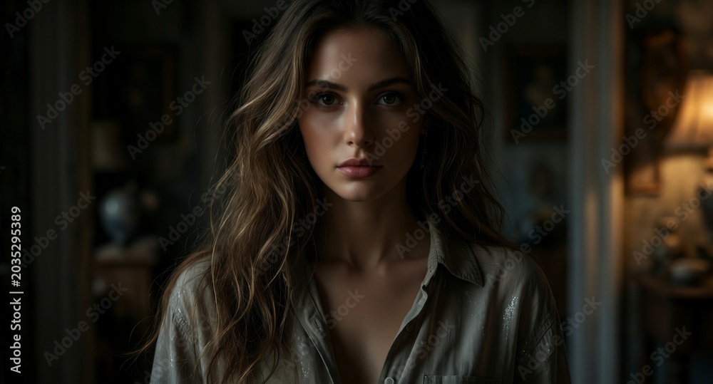 Fototapeta premium Mysterious woman with long dark hair in dimly lit, atmospheric interior setting.