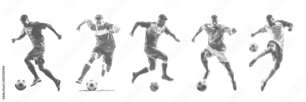 Fototapeta premium Abstract soccer player silhouette with halftone grunge effect texture for competition and sports marketing visuals