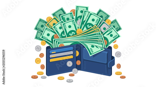 Bild auf Leinwand Abundant Wealth Blue Leather Wallet Overflowing with Cash and Coins Symbolizing
