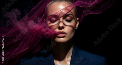 Elegant woman in dark suit with flowing magenta veil and smoke against black background.