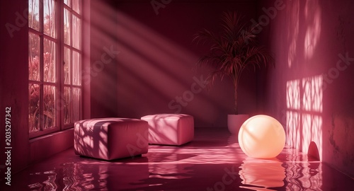 Mysterious Pink Room with Sunlight Rays, Reflective Floor, and Minimalist Furniture for Modern Interior Design Inspiration