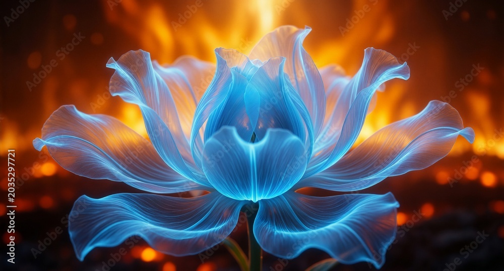 Obraz premium Blue Glowing Lotus Flower Against Fiery Background - Surreal Digital Art for Spiritual and Fantasy Themes