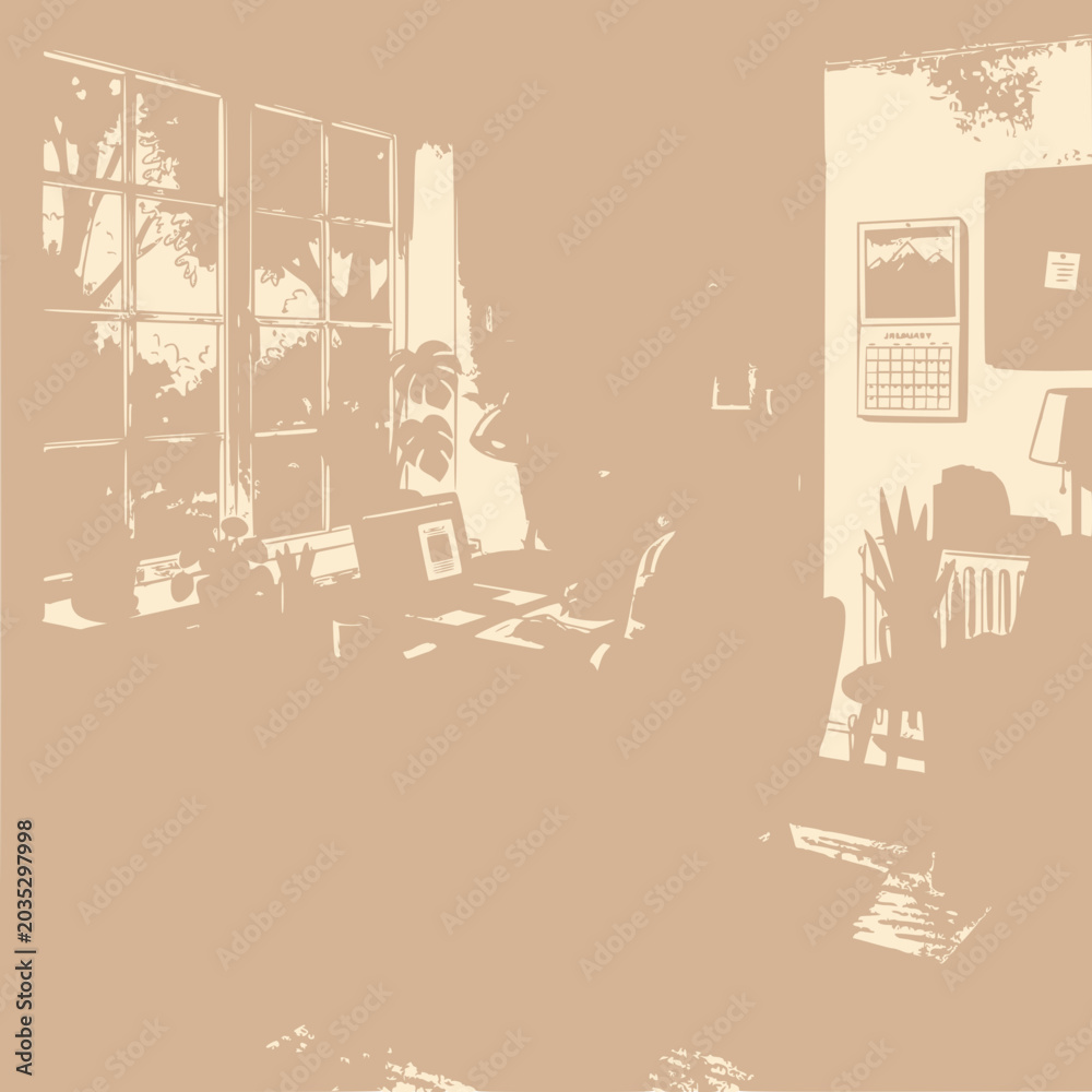 Fototapeta premium Cozy home office workspace with laptop and plants, natural light through window.