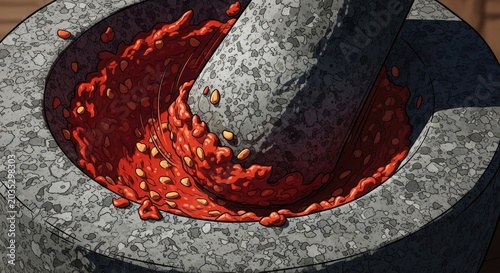 Grinding Chili Peppers in a Mortar.
