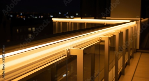 Illuminated Balcony Railing at Night with City Lights in Background.