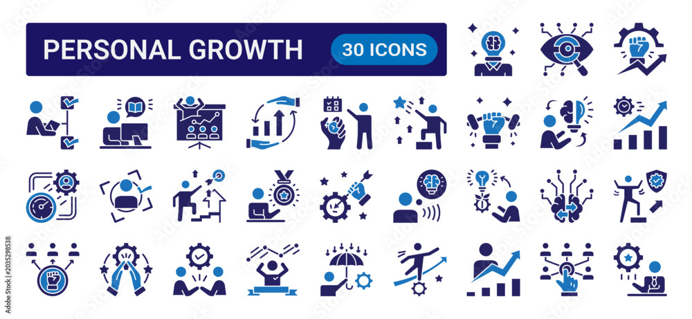 Fototapeta premium Personal growth glyph icon set with dual color style featuring self improvement, motivation, learning, productivity, leadership, achievement, and personal development concepts