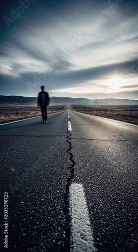 Lone Figure Walking Down a Long Road Towards the Horizon at Sunset.