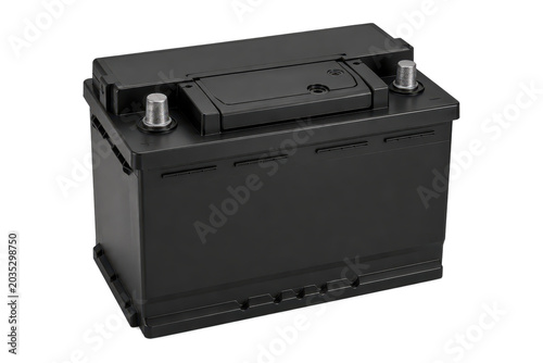 Foto Black automotive battery isolated on white background with durable plastic casin