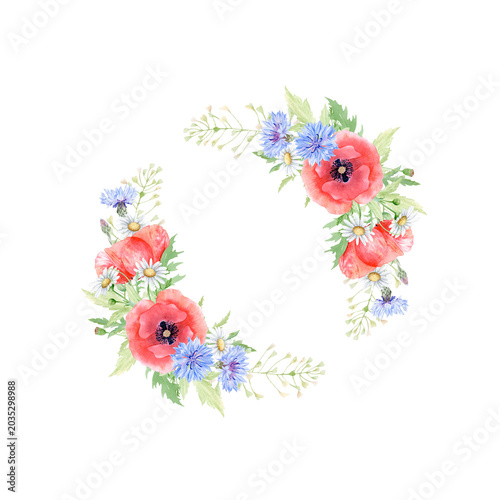 Schilderij op canvas Watercolor round wreath floral with bright red poppies, blue cornflowers and daisies illustration