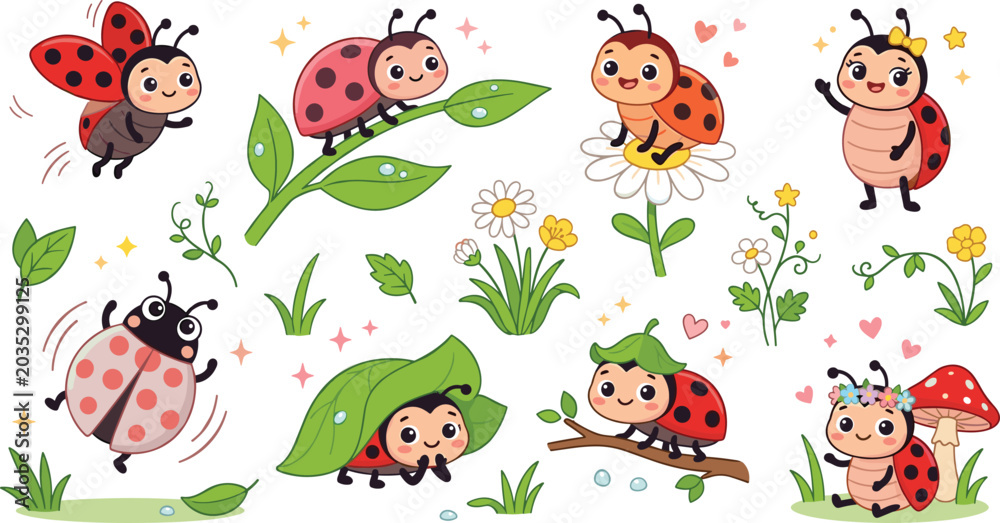 Fototapeta premium Cute Ladybug Cartoon Character Vector Sticker Set with Playful Smiling Insects on Leaves, Flowers, and Mushrooms for Kids Garden Design Elements