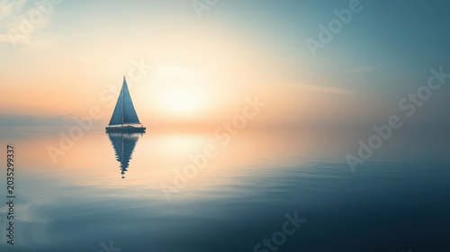 Solitary sailboat glides across a calm ocean during a serene sunset.