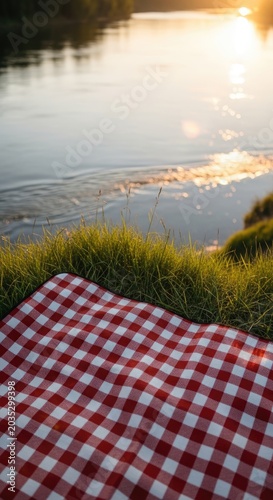 Picnic Blanket by the River at Sunset.