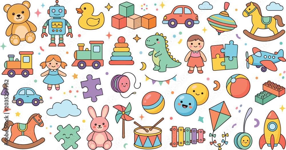Fototapeta premium Cute Kids Toy Cartoon Character Vector Set with Teddy Bear, Robot, Toy Train, Dinosaur, Dolls, and Blocks for Nursery Graphic Elements