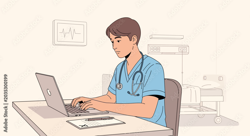 Fototapeta premium Doctor working on laptop in hospital room with patient bed and monitor