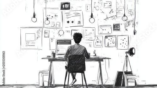 man sitting at desk with computer and lamp