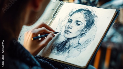 carefully sketches a portrait of a woman in a sketchbook using a pen.