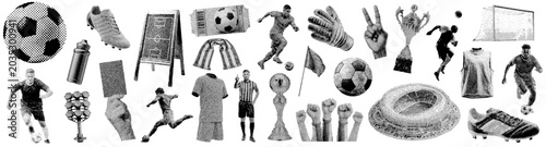 Soccer football grunge halftone design elements collection with players, ball, trophy, stadium, and referee card for sports advertising