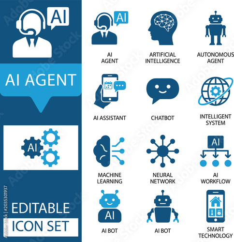 AI Agent and Artificial Intelligence Icon Set, 12 Editable Vector Icons for Machine Learning and Chatbot Technology, Blue Digital Assistant Symbols