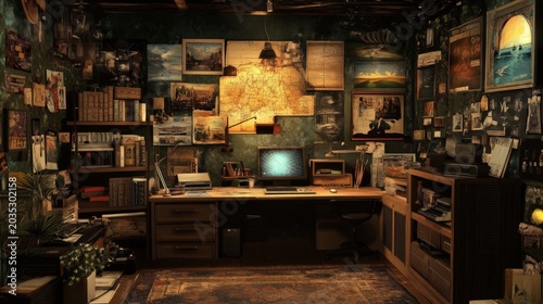 Cluttered vintage office space features a computer desk surrounded by shelves and walls covered in maps and artwork.