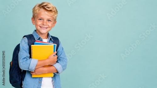 Happy blond schoolboy with backpack holding colorful notebooks on turquoise background with copy space, back to school, primary education, confident pupil and new academic year promotion banner ad