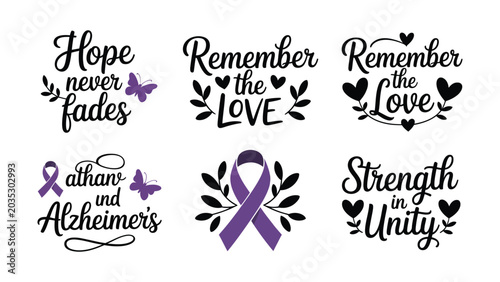 Schilderij op canvas Alzheimers awareness purple ribbon and inspirational quotes with butterfly and h