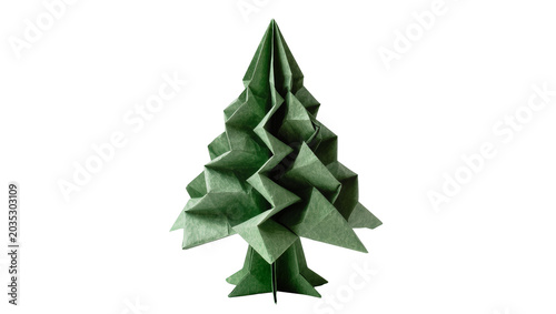 Obraz na płótnie Isolated green origami pine tree, a beautifully folded paper craft representing