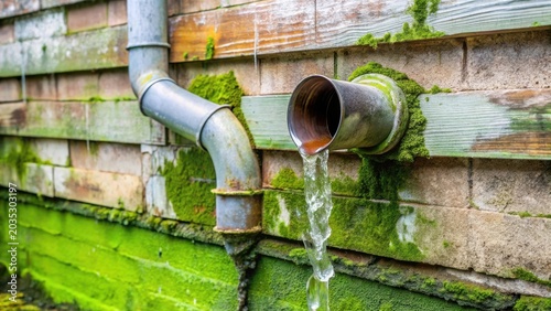 A weathered metal pipe affixed to a moss-covered brick wall, gently discharging a stream of clear water