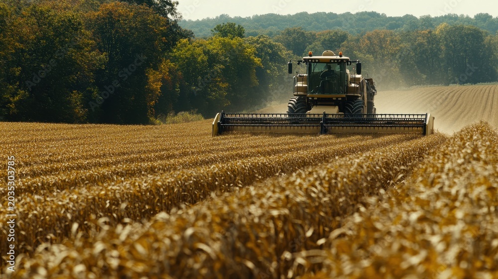 Fototapeta premium A massive tractor harvesting wheat crops in a sunny field