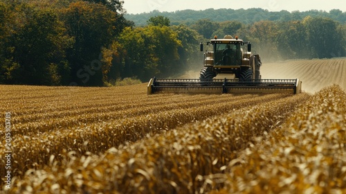A massive tractor harvesting wheat crops in a sunny field