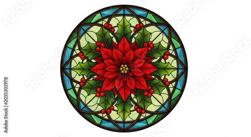 Poinsettia flower mandala stained glass art featuring holly leaves and red berries arranged in a circular pattern on transparent background