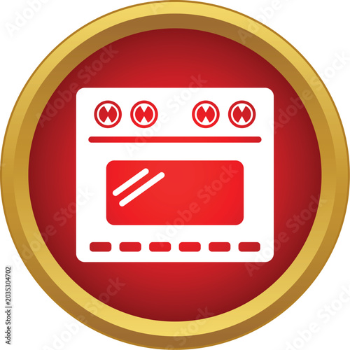 Stylized kitchen stove icon in a red circle with a golden border