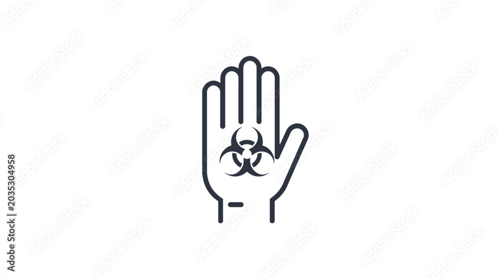 Obraz premium A hand with a biohazard symbol on the palm is raised in warning.