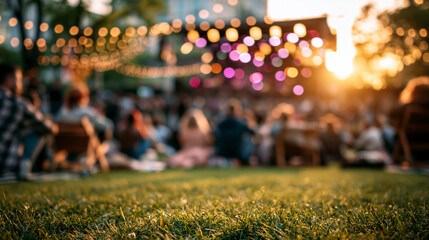 Blurred summer outdoor concert background with grass foreground lake view sunset stage lights and relaxed crowd for lifestyle event design