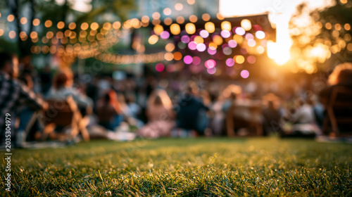 Blurred summer outdoor concert background with grass foreground lake view sunset stage lights and relaxed crowd for lifestyle event design