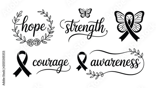 Obraz na płótnie Black cancer awareness ribbons with inspirational words and butterflies on white