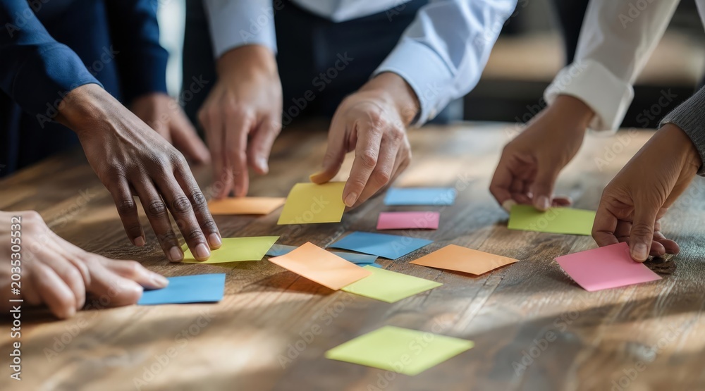 Obraz premium Diverse hands brainstorming with sticky notes