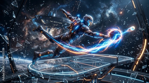 Astronaut in futuristic space suit jumping on platform with glowing blue lights in space