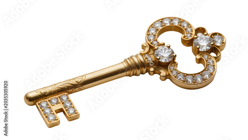 Isolated ornate golden skeleton key encrusted with brilliant diamonds, antique luxury jewelry