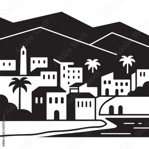 Konstfotografi Black and White Silhouette Vector of a Coastal Mediterranean Village with Palm Tree