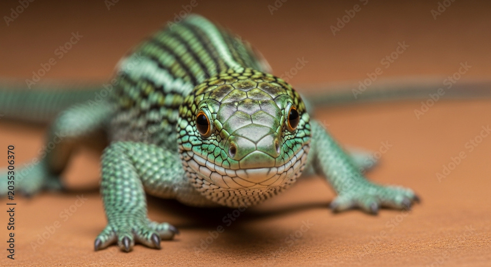 Fototapeta premium Green lizard on brown surface closeup.