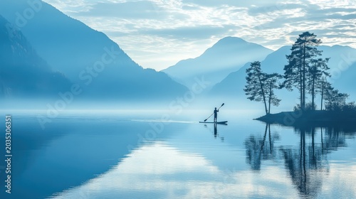 Person stands on a paddleboard while gliding across a serene lake surrounded by misty mountains and pine trees.