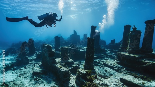 Scuba diver explores the mysterious ruins of an ancient submerged city underwater.